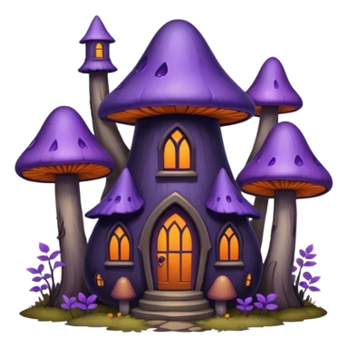 A whimsical mysterious gothic style, purples, dark hues, warm orange, beautiful mushroom house within tall skinny lush & bare trees sticker