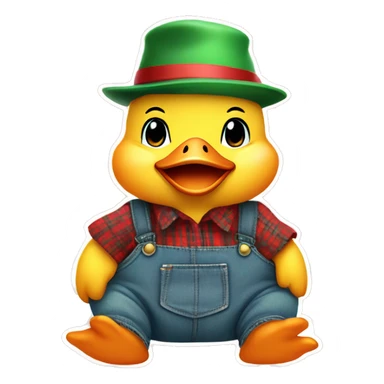 sitting cute fluffy chubby baby duck with hand and wear green hat and red checkered shirt and jeans jumpsuit sticker