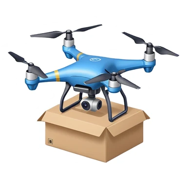 Delivery drone sticker, and blue texture on the body quadcopter carrying small package box, friendly design, simple flat vector style, soft shadow, white outline, transparent background sticker