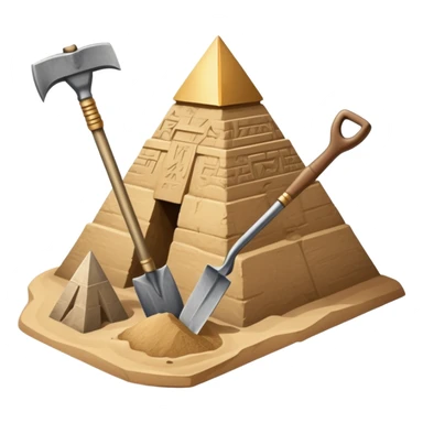 An icon showing archaeological tools like a trowel, brush, and pickaxe placed on sandy ground, with an Egyptian pyramid in the background. The design symbolizes excavation and discovery of ancient history, blending tools and iconic landmarks. Transparent background. sticker