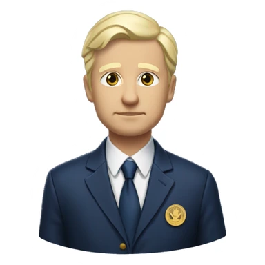 President Petr Pavel has fair skin, short light blonde hair with some gray, and a serious expression. He wears a dark blue suit jacket with a gold emblem, a white shirt, and a dark blue tie. sticker