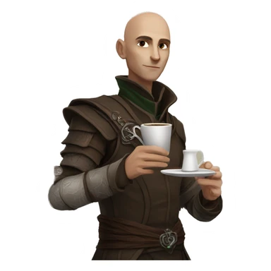 Solas from Dragon Age holding a cup of coffee sticker