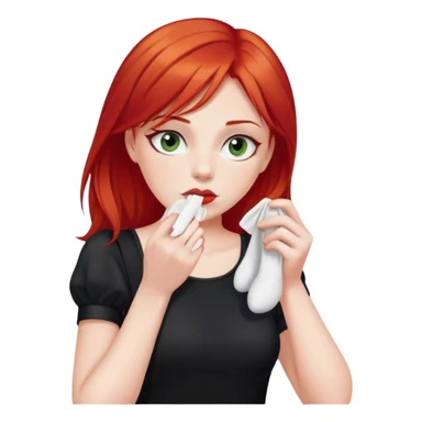 a woman with red hair and red eyes sniffing a white sock. The woman wear a black  dress sticker