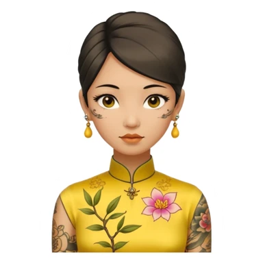 ancient woman with tatooed on neck and face and yellow cheongsam sticker