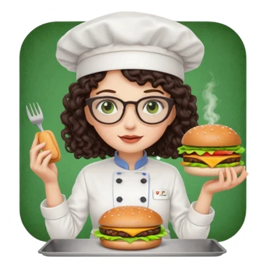 A female chef with glasses, dark brown long curly hair, White skin,Green eyes and cooking a burger sticker