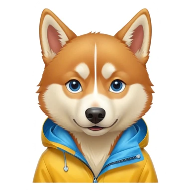 cute, disney-style red siberian husky with blue eyes, wearing a yellow rain jacket sticker