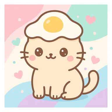 Add a playful, colorful background behind the cat wearing an egg hat, keeping the kawaii style. sticker