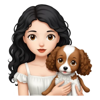 beautiful girl with long black hair in a white dress holding a small brown curly-haired dog sticker
