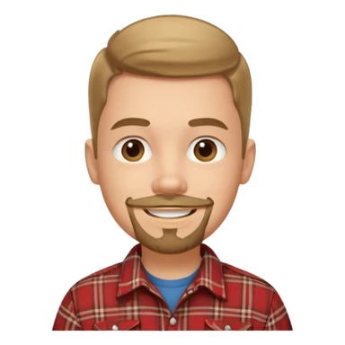 smiling boy in plaid shirt with goatee sticker