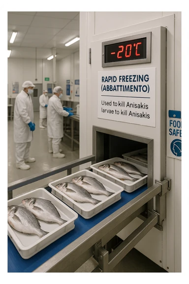 a fish processing facility where freshly caught fish are placed on trays and moved into a large industrial freezer. A temperature gauge shows -20°C, and an educational label explains that rapid freezing (abbattimento) is used to kill Anisakis larvae. The background includes workers in protective clothing and clear signage about food safety. sticker
