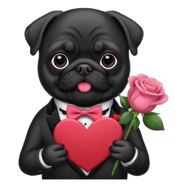 black pug holding valentine’s day card and flowers sticker