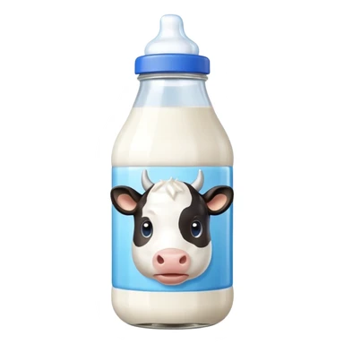 A 3D cartoon glass bottle of cow’s milk — white liquid, blue cap, clear reflections, Memoji-style rendering. sticker