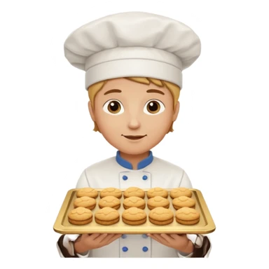 a baker holding a tray of cookies with a chef hat sticker