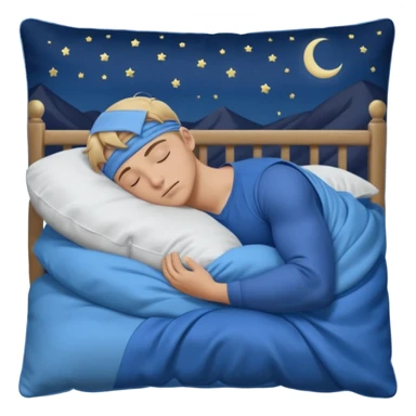A young muscular male with short dark-blonde hair and medium-light skin, wearing blue cloth. He sleeps on his side, holding a soft white pillow, his head on a smooth blue pillow. A sleeping symbol floats above him in the dark, nighttime scene. A flowing blue blanket with silky folds covers him. sticker