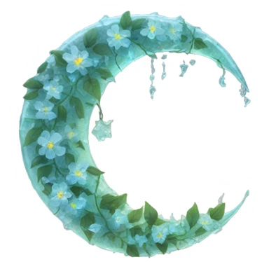 A translucent crescent moon made of cracked glass, with vines of bioluminescent flowers wrapping around it.

 sticker
