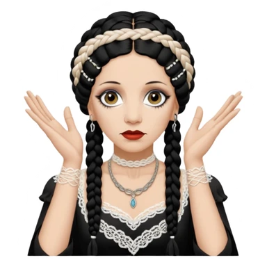 Lene Lovich as seen on the Stateless album cover with a typical symmetrical pose with her hands, lots of lace and braided hair sticker