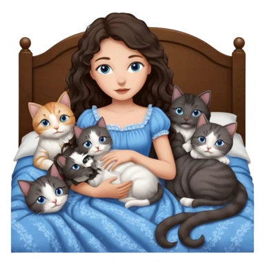 detailed realistic looking a dark grey and white cat regally laying with six other cats, cuddling with their owner in bed who is a pretty bratz lightly tanned white girl with long dark brown hair, blue eyes and gorgeous long wavy hair wearing a pretty detailed dress sticker