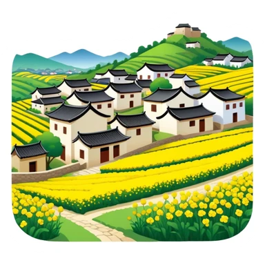 Wuyuan countryside spring flowers and traditional houses Jiangxi, simplified emoji style with bold outlines and bright colors, cartoon style rural village with yellow rapeseed flowers sticker