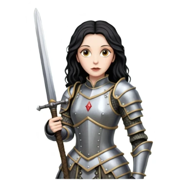 realistic cinematic actress Cher in Victorian styling like Joan of Arc dirty damaged armor in a forest sticker