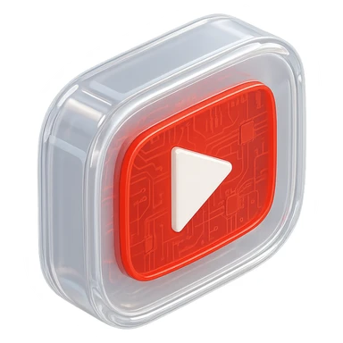 YouTube play button, white, centered, red background, with circuit traces visible, glossy circuit style sticker