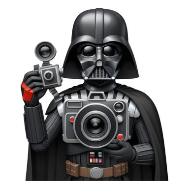 A cel-shaded illustration in the style of Borderlands, featuring Darth Vader holding a retro film camera instead of a lightsaber. Use bright, high contrast and bold outlines. No background, transparent. sticker
