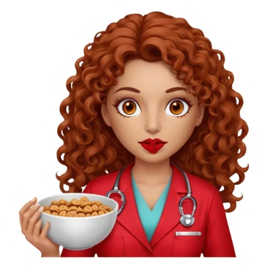 Sensual Spanish Lilith core evil surgeon.red outfit.  Surgeon has hazel eyes. Her hair is BROWN. Hair is also  long and  curly. wearing a sexy surgeon outfit with platform heels.she is a calculated smart cereal killer. She covers only her mouth and nose to hide identity  sticker