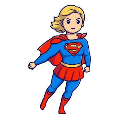 Supergirl in classic costume, full body view showing blue tights, red skirt, and cape with S symbol sticker