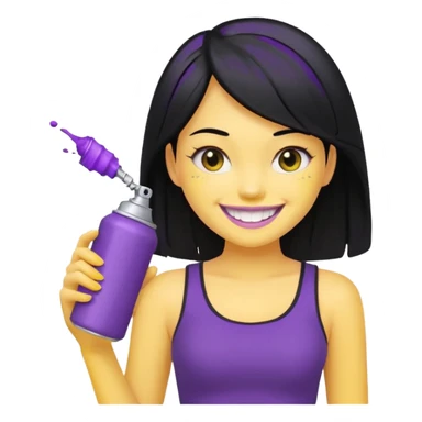 fair-skinned girl, black crop top, beautiful black hair, big yellow-toothed smile, holding purple and silver spray can, genmoji emoji style, reference attached can sticker