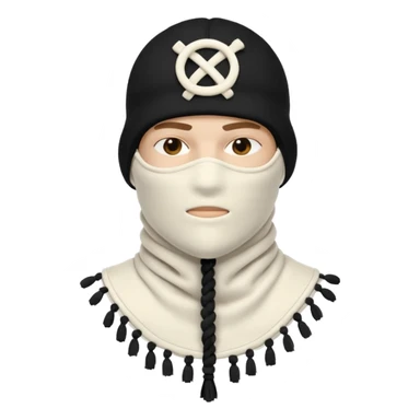 Deconstructed off-white balaclava with frayed layers, rope tassels, subtle embroidery. Studio photo, white bg, soft light. Streetwear luxury style.
 sticker