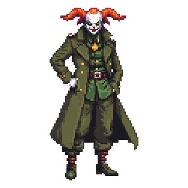 evil clown soldier, bald, small black horns on forehead, fangs, pointed ears, eye patch over one eye, long coat over black and military green clothes with bellbottom pants, realistically proportioned, less bulky, full body, fighting stance sticker