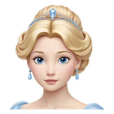 Cinematic Realistic Cinderella Portrait, depicted with lifelike skin texture, subtle rosy undertones, and soft natural lighting that enhances the gentle contours of her face. Her intricately detailed golden blonde hair is elegantly styled in an updo, with delicate wisps framing her face for added realism. Her deep, expressive blue eyes radiate warmth and sincerity, reflecting a quiet resilience and grace. She is dressed in her iconic ball gown, the fabric shimmering with intricate embroidery and fine translucent layers that catch the light beautifully. The soft sheen of satin gloves and the delicate sparkle of a glass-like slipper peeking from beneath her dress add a touch of magical realism. The portrait features an enchanting glow with a natural, luminous finish, seamlessly blending realism and fairytale charm to evoke a sense of depth, elegance, and timeless beauty. sticker