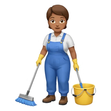 old and fat women, brown hair, Custodian with yellow rubber gloves, white T-shirt, blue overalls, mopping floor sticker