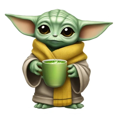 Grogu baby yoda holding a steaming cup of matcha wearing a hufflepuff scarf sticker