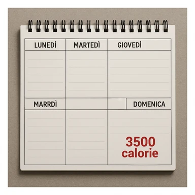 Hyperrealistic top-down view of a weekly calendar in Italian, showing days from Monday to Sunday. Only Saturday and Sunday have the text '3500 calorie' in bold red below, with no red circle on Friday. 4K details, desk atmosphere. sticker