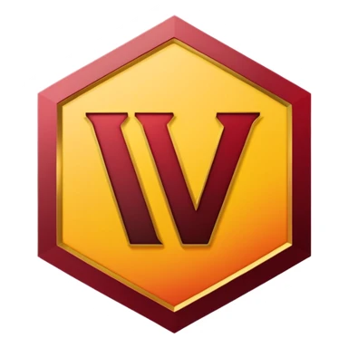 hexagon emblem with a thick yellow-to-gold outline and a dark red gradient inside. In the center, place a bold capital letter V in the same yellow-to-gold gradient as the outline. Keep the shapes clean and geometric, with smooth color transitions and no background color. sticker