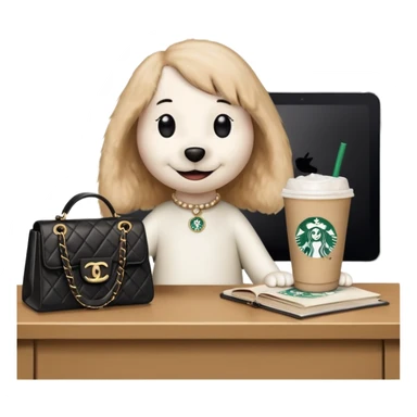 snoopy in a desk with starbucks and his chanel purse sticker