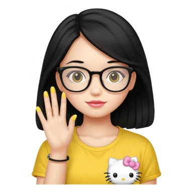 Nails cute with hello kitty wear glasses black long  hair wear, yellow shirt sticker