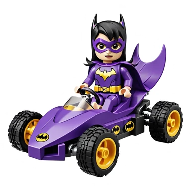 full size real size-appearance electric road racing sexy BatGirl’s feminine midnight-colored tight outfit sixty’s tv show Lego dark stealthy sporty safe plush deluxe off-road pursuit cruiser car rose gold accents (black hair,reclined and relaxed torso and shoulders seating position) go kart  sticker