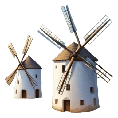 ​Cinematic Realistic Spanish Windmills (Mota del Cuervo), depicted as a cluster of gracefully aged windmills with weathered whitewashed facades and rustic wooden sails, standing proudly on a sunlit, rolling hillside of golden fields and olive groves, rendered with intricate textures and soft natural lighting that captures the timeless rural charm and historical significance of the Spanish landscape, sticker