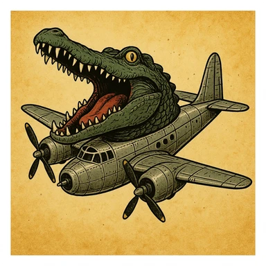 surreal hybrid character with a crocodile head with open mouth and sharp teeth merged with the metallic body of a WWII bomber plane including wings and propellers, absurd and satirical in the spirit of the Italian Brainrot meme trend sticker