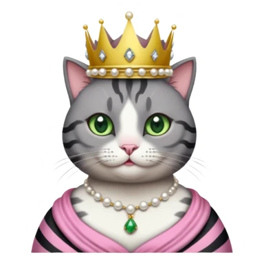 Gatito gris oscura con rayas negras ojos verdes vestida de reina con coronas y diamantes, más peluda y gordita  sticker