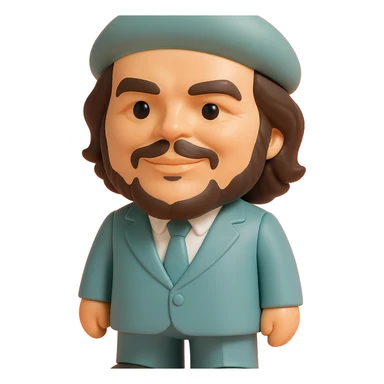 Che Guevara in a suit and tie, oversized head, confident smile, vinyl figure style sticker