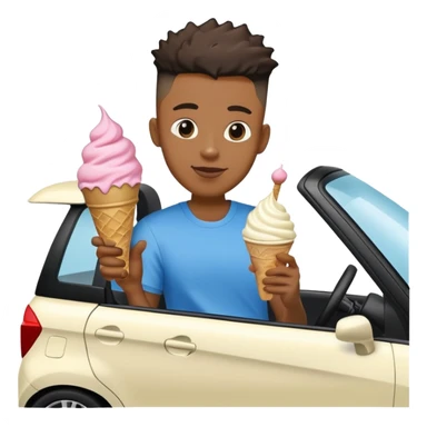 Black man holding ice cream while driving a Honda fit with a high top fade sticker