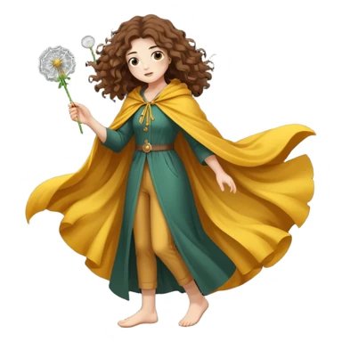 full body woman long curly brown hair brown eyes white skin tattoos dandelion seed cloak blowing apart around her sticker