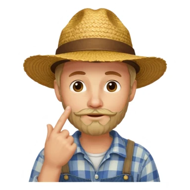 “A single emoji-style character combining 👨‍🌾😄 and 🤔: a smiling farmer man with a straw hat, friendly face, and light beard, holding one hand under his chin in a thinking gesture. His index finger rests under his face, eyes looking slightly upward as if thinking.  sticker