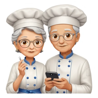 An application on phone on cooking, grandma standing with a young chef  sticker