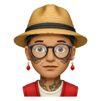 unique looking tourist with big unique red tourist hat and earrings, man with lots of tattoes and spectacles sticker