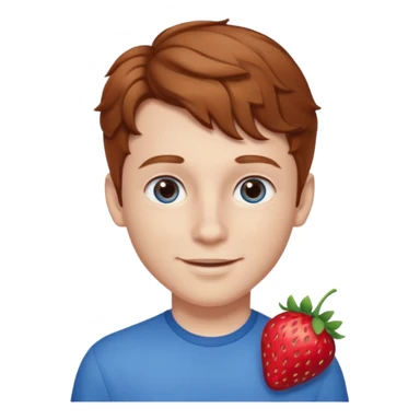 Please generate a portrait of a boy. He has light brown to reddish-brown wavy hair, a right side parting, longer sideburns, blue eyes, a snub nose, and a somewhat pronounced, strawberry-red pout. He is smiling. sticker