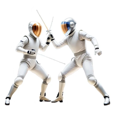 Two fencers in full protective gear duel on a professional piste. The background features a dynamic blur, symbolizing speed and precision. The scene is illuminated by bright arena lights, emphasizing the intensity of the match. Transparent background. sticker