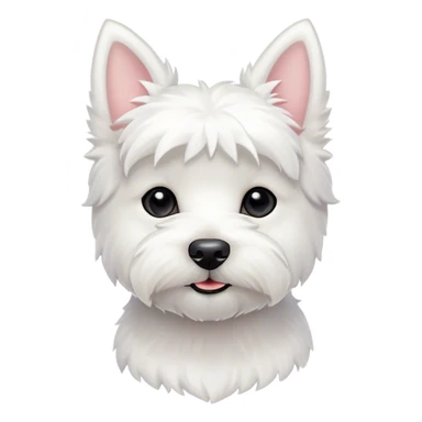 Cinematic Cute West Highland White Terrier Portrait Emoji, Head tilted playfully and inquisitively, featuring a fluffy, immaculate white coat with perky ears, round, sparkling dark eyes filled with curiosity, Simplified yet irresistibly adorable features, highly detailed, glowing with a warm, friendly glow, high shine, affectionate and lively, stylized with a touch of whimsy, bright and endearing, soft glowing outline, capturing the essence of a mischievous yet loving pup, so playful it feels like it could bound out of the screen and into your arms! sticker